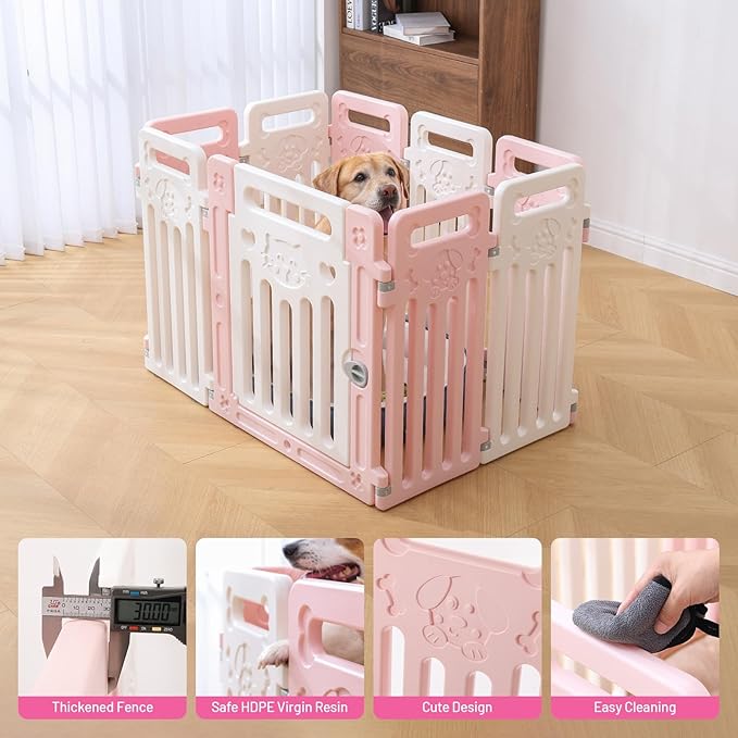 Dog Fence Pet Playpen Clear Puppy Cat Small Play Pen Foldable Kennel Indoor Outdoor Whelping Box for Dogs with Gate (Pink + White, 8 Panels+1 Door)