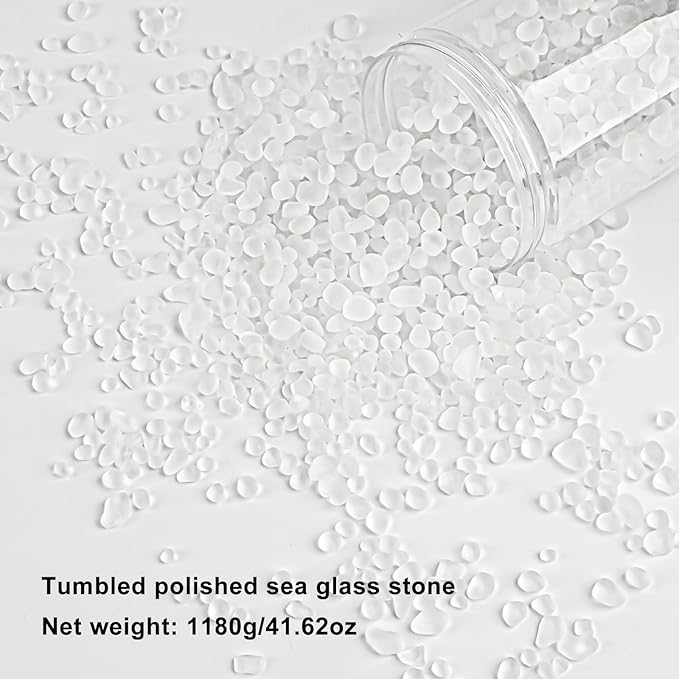 QEQEKAKA Sea Glass Stones for Crafts About 2.75LB (1180g/41.62oz) White Glass Pebbles Gemstones Bulk for Aquarium Rocks Fish Tank Gravel Filler for Vases Centerpieces