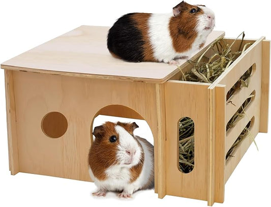 Fhiny Guinea Pig Wood House with Hay Feeder, Detachable Chinchilla Hut Hideout Small Animal Hideout Hideaway Natural Hamster Habitat Decor for Guinea Pig Chinchilla Dwarf Rabbit Hamster