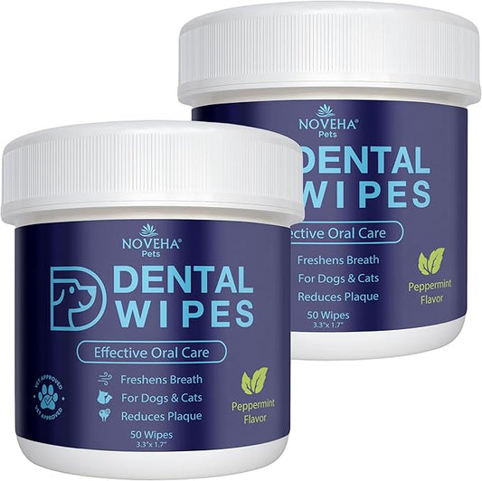 NOVEHA 100PCs Pets Dental Finger Wipes for Dogs & Cats | Freshens Breath, Reduces Plaque | Healthier Gums | Clean Teeth No Toothbrush | Vet Recommended Effective Natural Oral Care | Mint Flavor