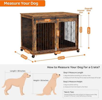 IchbinGo Large Dog Crate Furniture with Sliding Barn Door, 43.7" Wooden Dog Kennel End Table with Wheels and Flip-top Plate Dog House with Detachable Divider for Small/Medium/Large Dog (Rustic Brown)