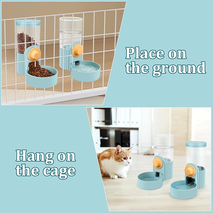 Pet Feeder Waterer Hanging Dog Cat Food Water Dispenser, Automatic Gravity Feeder Waterer Set for Cage Pets, Travel Food Water Bowl Rabbit Feeder for Ferret Small and Medium Animals, Blue