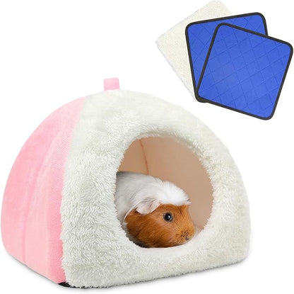 Guinea Pig Bed with 2 Absorbent Leak-Proof Bottom Pee Pad Fleece Small Animal Hideout House Washable Hide Hut for Rabbit Chinchilla Rat Hedgehog