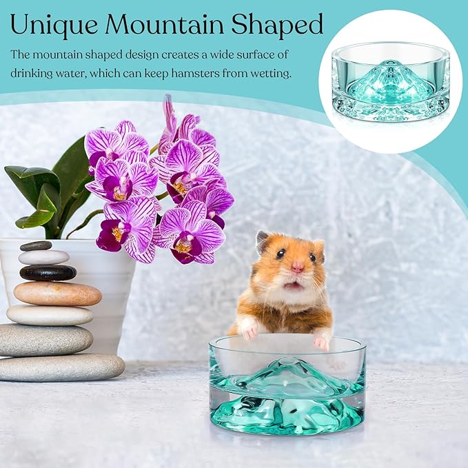 Baderke 2 Pcs Hamster Water Bowls Glass Hamster Food Bowls 35ml Mountain Style Drinking Container Anti Turning for Guinea Pig Gerbils Mice Rats Chinchilla Small Pets(Clear and Green)