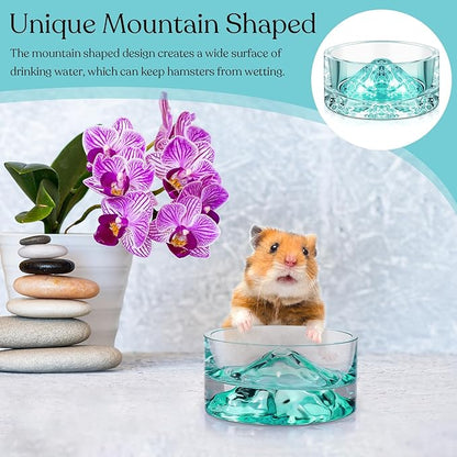 Baderke 2 Pcs Hamster Water Bowls Glass Hamster Food Bowls 35ml Mountain Style Drinking Container Anti Turning for Guinea Pig Gerbils Mice Rats Chinchilla Small Pets(Clear and Green)