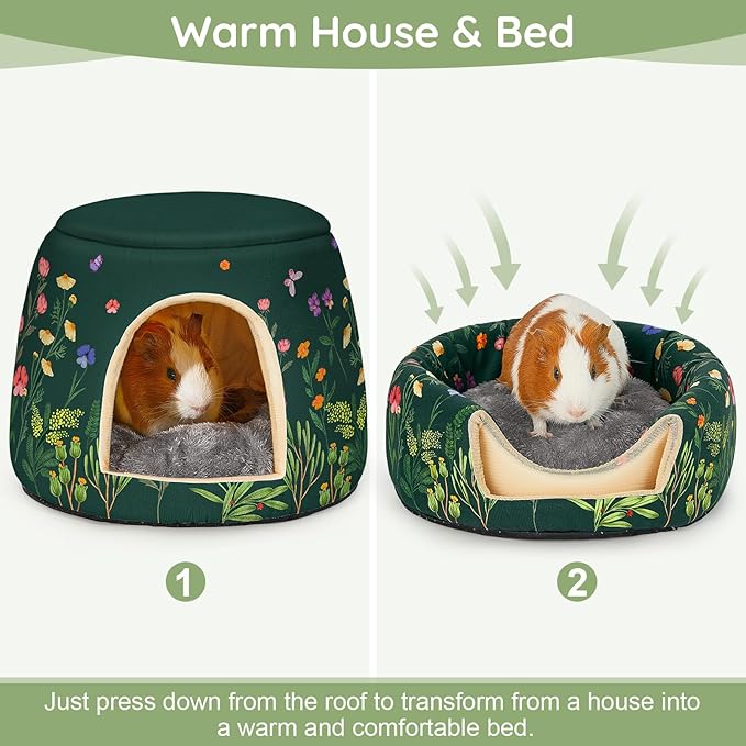 Glittme Guinea Pig Hideout, 2 in 1 Guinea Pig Bed with Removable Pad, Washable Bunny Bed, Foldable Guinea Pig Accessories for Guinea Pig Cages, Guinea Pig, Bunny, Hamster, Hedgehog, Rabbit, Forest