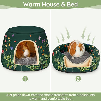 Glittme Guinea Pig Hideout, 2 in 1 Guinea Pig Bed with Removable Pad, Washable Bunny Bed, Foldable Guinea Pig Accessories for Guinea Pig Cages, Guinea Pig, Bunny, Hamster, Hedgehog, Rabbit, Forest