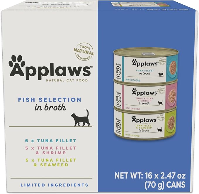 Applaws Natural Wet Canned Cat Food, Limited and Natural Ingredients, High Protein with No Artificial Additives, Fish Selection Variety Pack in Broth (16 x 2.47oz Cans)