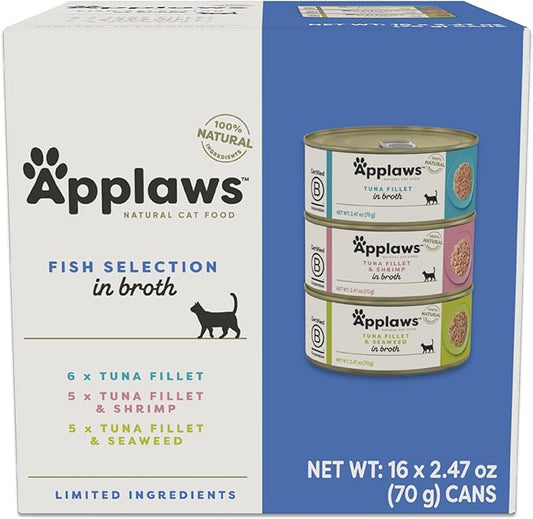 Applaws Natural Wet Canned Cat Food, Limited and Natural Ingredients, High Protein with No Artificial Additives, Fish Selection Variety Pack in Broth (16 x 2.47oz Cans)