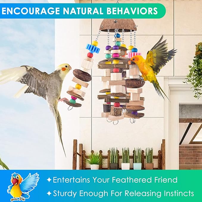 KATUMO Bird Toys, 2PCS Large Wooden Blocks & Coconut Shell Chew Toys for African Grey Cockatoo Amazon Parrots and Medium to Large Birds
