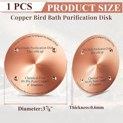 1 Pcs Bird Bath Copper Disk, 0.6mm Thick Reinforced 99.99% Pure Copper Birdbath Purification Disk, with 4 Point Support for Outdoor Birdbaths Bowls Cleaner, 4 Inch (Classic)