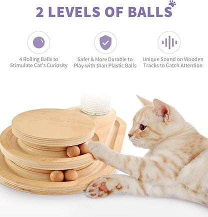 Made4Pets Cat Scratching Post Cat Scratcher Kitten Toys for Indoor Cats Wooden Ball Track Two-Layer Modern Sisal 17.7" Tall Scratch Post Interactive Toy with Dangling Ball