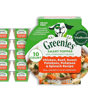 Greenies Smart Topper High Protein Wet Mix-in for Dogs, Chicken, Beef, Sweet Potatoes, Potatoes & Spinach Recipe in Vitabroth Broth- Bone Broth + Vitamins E & B1, 10 Count