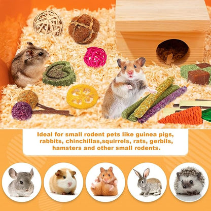 Rabbit & Guinea Pig Toys - Natural Timothy Hay & Apple Wood Sticks for Teeth Care - Handmade for Hamster, Bunny, Chinchilla (27 Pcs)