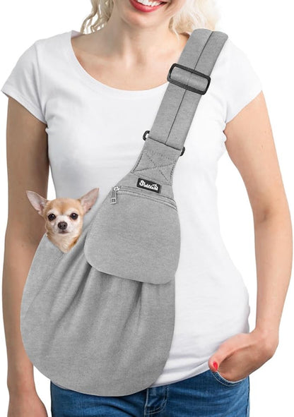 Lukovee Pet Sling, Hand Free Dog Sling Carrier Adjustable Padded Strap Tote Bag, Shoulder Bag with Safety Belt & Front Pocket for Small Dog Cat Puppy (Grey-WY,S)