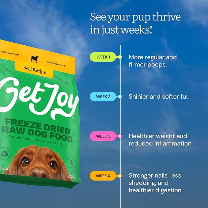 Get Joy Freeze Dried Raw Beef Dog Food, High Protein Grain Free Meal, Topper & Treat, Gut Health Support with Probiotics, Small to Large Breed, 16oz Bag