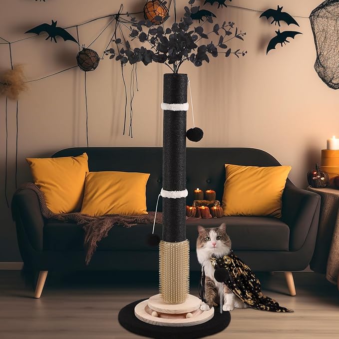 Scratching Posts for Indoor Cats Adults,45'' Tall Halloween Gothic Scratching Post with 3.5Inch Diameter Sisal Rope,Black Cat Scratcher with Interactive Ball Toys Self Groomer Brush for Large Cats