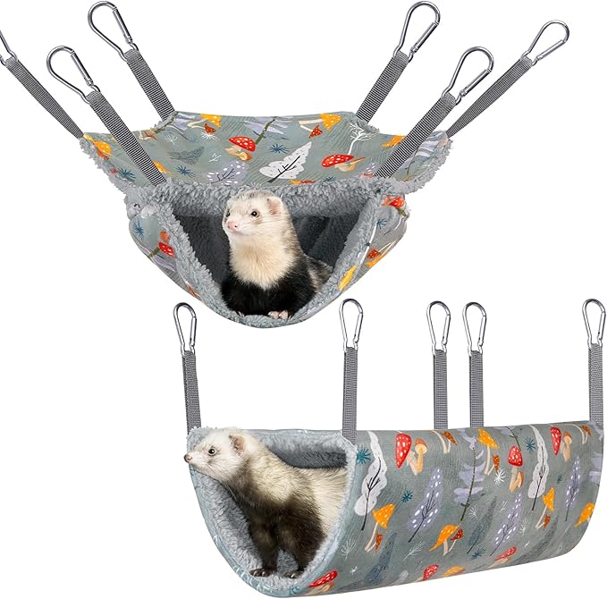 Bienbee 2 Pcs Ferret Rat Hammock Set for Cage Washable Guinea Pig Hideout Bed Soft Small Animal Hammock Tunnel Toys Ferret Cage Accessories for Hedgehog Sugar Glider Squirrel Hamster, Grey Mushroom