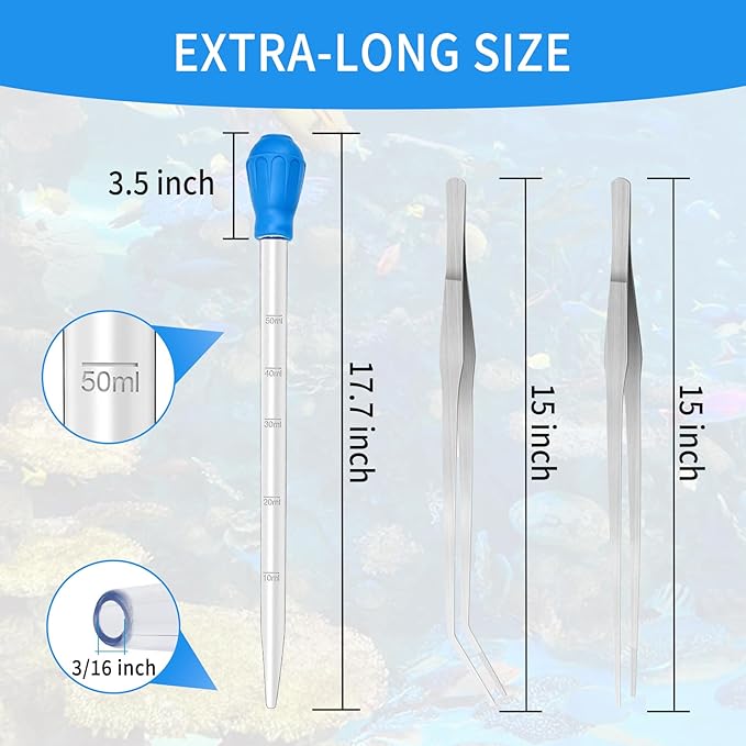2 Piece Aquarium Coral Feeder with 2 Piece Stainless Steel Feeding Long Tweezers Syringe Spot Coral Feeder Reptile Feeding Tools for Aquatic Plant Reef Anemones Lionfish (Blue, Silvery)
