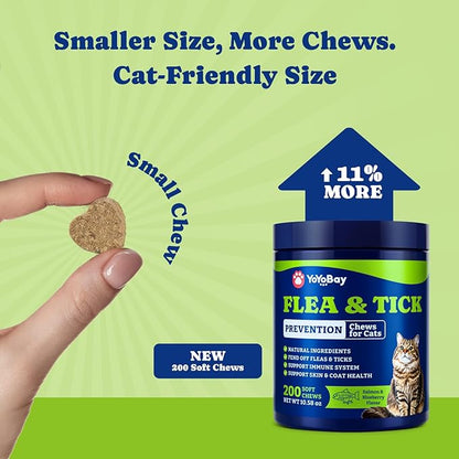 Flea and Tick Prevention for Cats - 200 Soft Chews Natural Cat Flea Treatment, Salmon & Blueberry Flavor - Flea Treatment for Cats, Cat Oral Flea, Immune Support Supplement