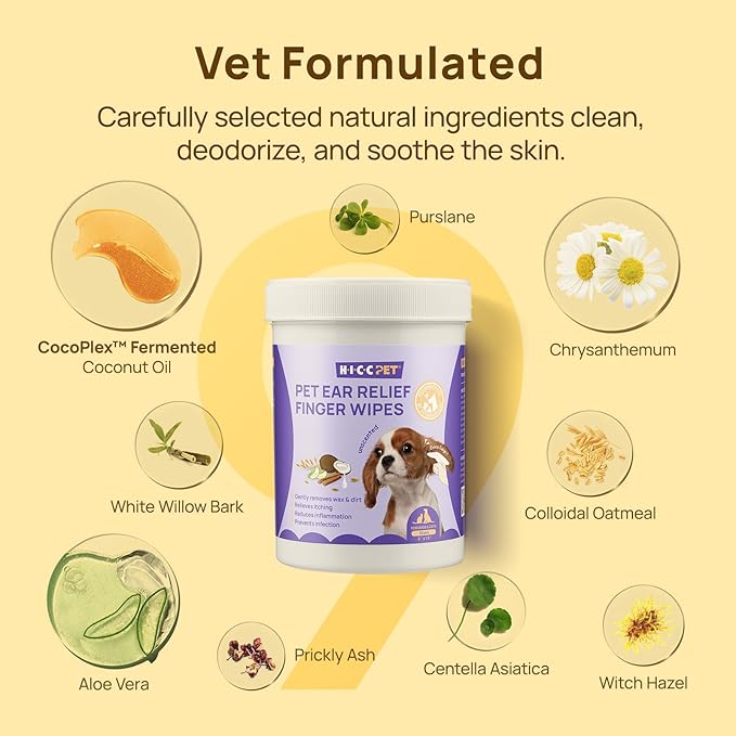 HICC PET Dog Ear Finger Wipes, Ear Cleaner Wipes for Dogs & Cats, Dog Ear Infection Treatment to Relief Itching & Inflammation, Remove Wax, Dirt & Stop Smelly, Non-Irritating, 50ct(Unscented)