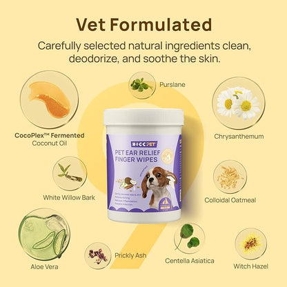 HICC PET Dog Ear Finger Wipes, Ear Cleaner Wipes for Dogs & Cats, Dog Ear Infection Treatment to Relief Itching & Inflammation, Remove Wax, Dirt & Stop Smelly, Non-Irritating, 50ct(Unscented)
