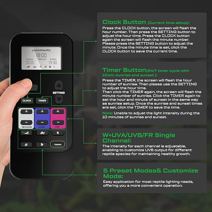 LED Reptiles Light with Remote, UVA UVB FR Lamp for Rainforest & Desert Reptiles, Ferguson Zones 1-4, Timer Switch, 10 Dimmable, for Bearded Dragon, Turtle, Frog, Snake, Plant (2 Pack)