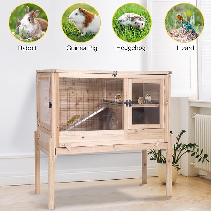 Aivituvin Wooden Guinea Pig Cages Indoor with Removable Stand, Anti Chewing Rabbit Hutch with Ramp and Wire Mesh, 2 Story Small Animals House Habitat with Pull Out Tray (Light Natural Wood)