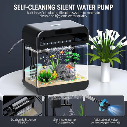 Fish Tank Aquarium 2.2 Gallon with Adjustable 3 Colors Lighting 3 in 1 Pump with Filteration, Oxygenation, Water Circulation Triple Function, HD Float Glass, Leak-Proof Thickened Base