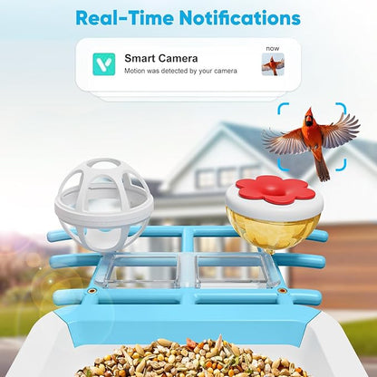 Smart Bird Feeder with Camera, Bird Feeders for Outdoors with Solar Panel, 2K HD Live View, AI Identify, Auto Capture, Instant Notifications, 2.4GHz, IP65 Waterproof, Ideal Gifts for BirdLovers, Blue