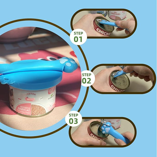 Pet Can Opener & 3 Pcs Cat Food Can Lids | Universal BPA Free Silicone Covers & Multi-Function Wet Food Spoon for Cat and Dog Food(Blue)