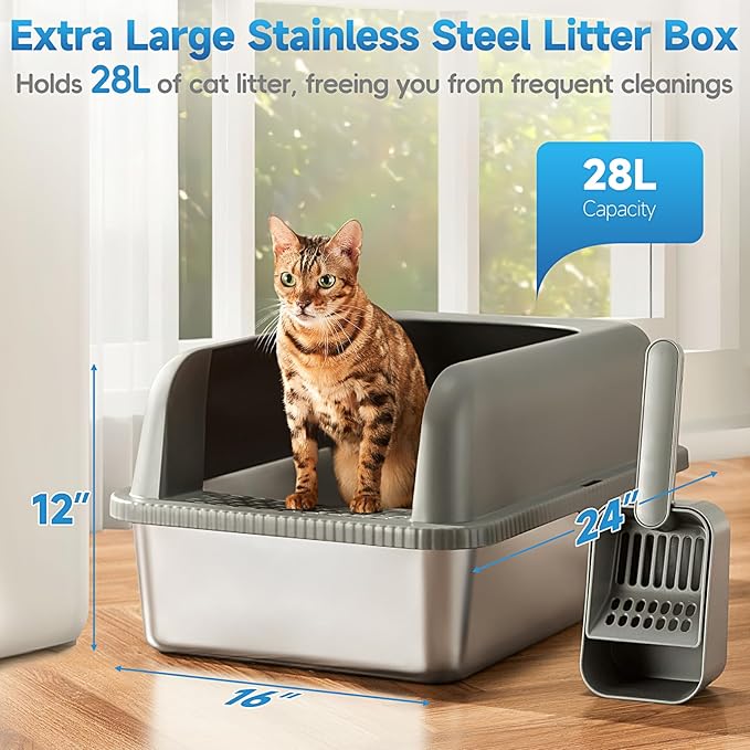 2 Pack Stainless Steel Cat Litter Box with Lid, XL Extra Large Metal Box for Big Cats, 24" L x 16" W x 12" H, Enclosed Litter Box High Sided, Non-Sticky, Include Litter Scoop