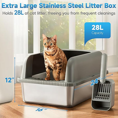 2 Pack Stainless Steel Cat Litter Box with Lid, XL Extra Large Metal Box for Big Cats, 24" L x 16" W x 12" H, Enclosed Litter Box High Sided, Non-Sticky, Include Litter Scoop