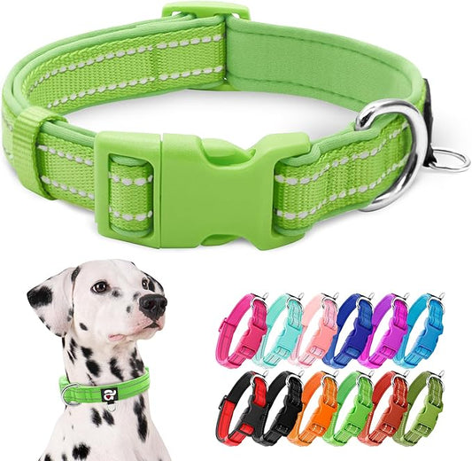 azuza Reflective Dog Collar, Soft Neoprene Padded Pet Collar with ID Tag Ring, Adjustable for Large Dogs,Green,L