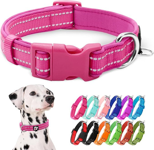 azuza Reflective Dog Collar,Soft Neoprene Padded Pet Collar with ID Tag Ring,Adjustable for Large Dogs,Hot Pink,L