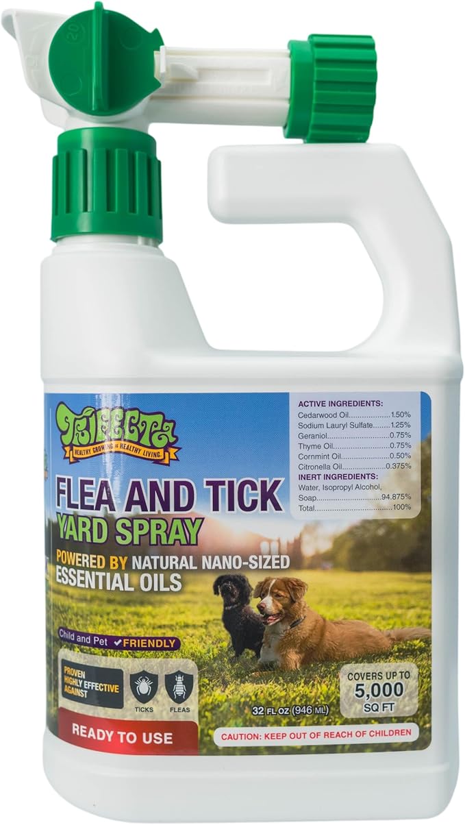 Trifecta Flea and Tick Ready to Use Outdoor Spray for Yards | All Natural Flea and Tick Prevention for Yards with Essential Oils | Pet and Family Safe | Hose-End Sprayer for up to 5,000 Sq Ft