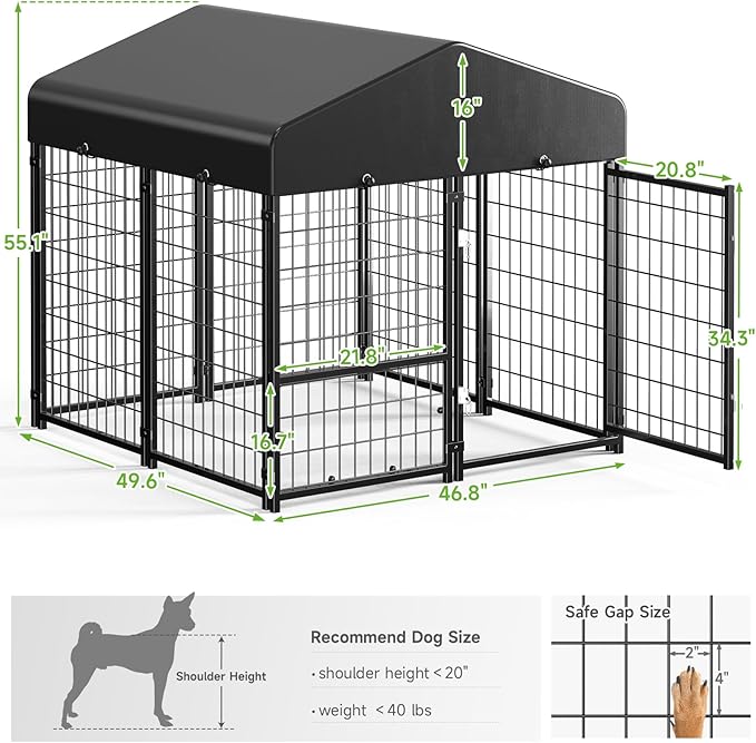 Outdoor Dog Kennel with Roof, Weatherproof Dog Kennel Outside with Removable Doggy Door, Backyard Dog Run Playpen Pet Enclosures for Medium to Small Dogs (4'L x 4'W x 4.6'H)
