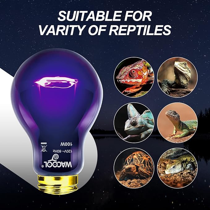 WACOOL 2Pack Reptile Night Heat Lamp, 100W Night Heat Lamp for Reptiles & Amphibians,Simulate Nature Moonlight Purple Night Light for Bearded Dragon Lizard Snake Crab