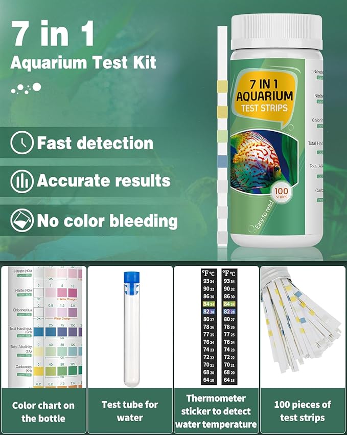 Pawfly 7 in 1 Aquarium Test Strips, 100 Strips Fish Tank Testing Strips for pH Chlorine Nitrate Nitrite Carbonate Hardness Total Alkalinity Water Quality Freshwater Saltwater Test Kit
