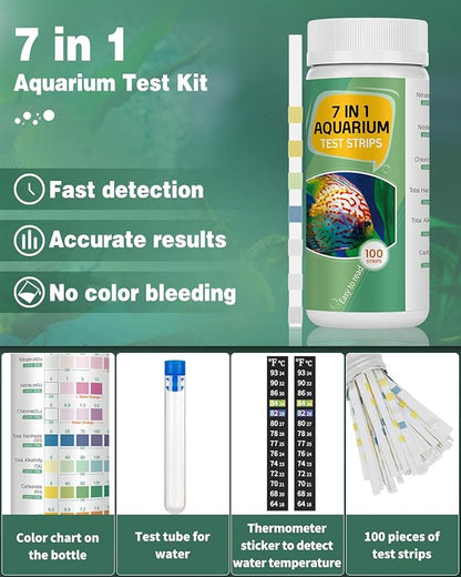 Pawfly 7 in 1 Aquarium Test Strips, 100 Strips Fish Tank Testing Strips for pH Chlorine Nitrate Nitrite Carbonate Hardness Total Alkalinity Water Quality Freshwater Saltwater Test Kit