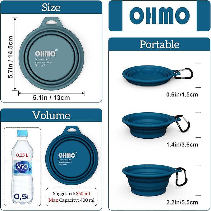 OHMO Collapsible Dog Bowl(2 Pack, Peacock&Light Blue 12oz/400ml) Premium Silicone Pet Water Bowls for Cats & Dogs, Portable Dog Travel Bowls Foldable for Outdoor Camping Hiking
