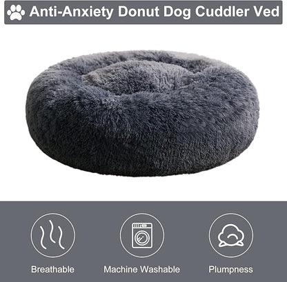 WNPETHOME Calming Dog Bed & Cat Bed, Anti-Anxiety Donut Small Dog Beds, Fluffy Faux Fur Cat Cushion Dogs Beds for Small Dogs and Cats (20 x 20 x 8 Inch, Navy Grey)