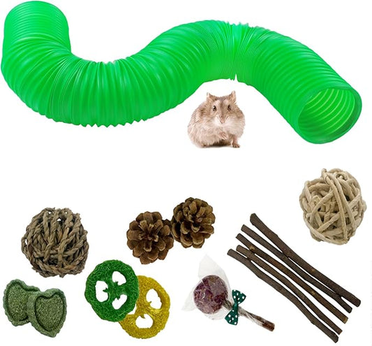 Plastic Hamster Cage Tunnels with Chew Toy,Collapsible Pet Tunnel，Small Animal Tubes,Collapsible Plastic Tunnel,15 Pcs Small Animal Chew Toys for Guinea Pigs, Chinchillas, Rats, Gerbils （Green）