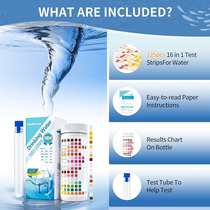 16 in 1 Premium Water Test Kit - 125 Home Water Quality Test Strips for Well and Tap Test Kit - Testing for pH, Hardness, Chlorine, Lead, Iron, Copper, Nitrate, Nitrite, etc