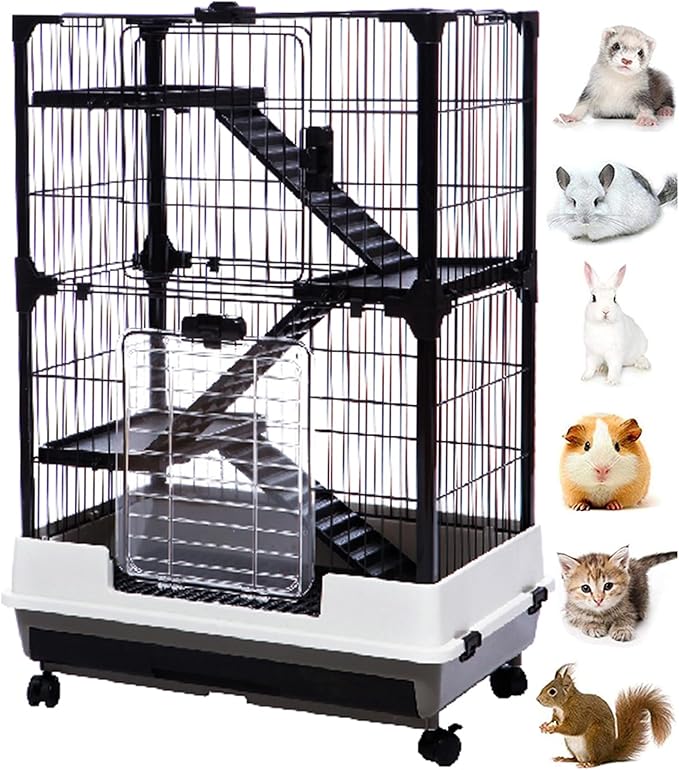 Deluxe 4-Level in/Outdoor Rabbit Hutch Cage Double Large Front Doors Ferret Squirrel Chinchilla Paw Safe Solid Platform Ramp Mesh Floor Pull Out Leakproof Easy Clean 2-Inch Deep Tray Lockable Casters