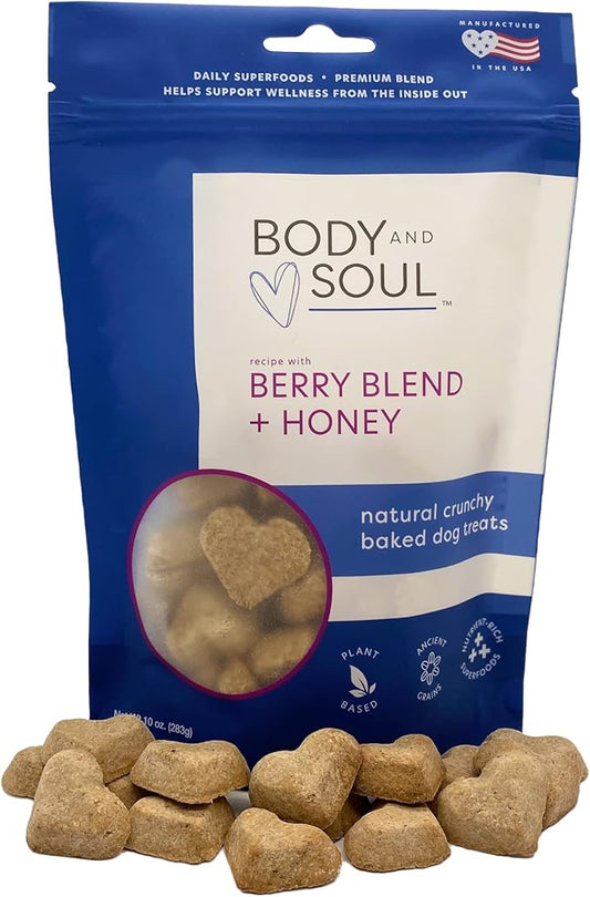 Body and Soul Berry Blend + Honey Dog Treats – Baked Superfood Biscuits with Oats, Barley & Quinoa –All-Natural, No Fillers – Crunchy Daily Dog Treats, Made in USA, 10oz