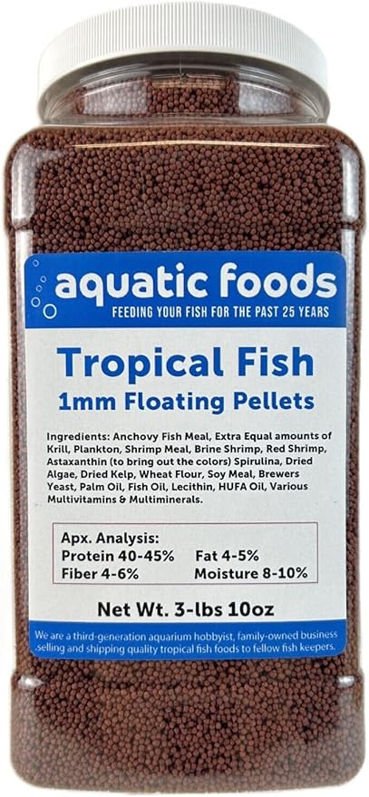 Aquatic Foods Inc. Tropical Fish 1mm - 1/32" Floating 40% Protein Pellets for Discus, Cichlids, Bettas, Guppies, Tetras, Live Bearers, Baby Koi, Smaller Tropical and Pond Fish...WL 3-lbs 10oz Lg Jar