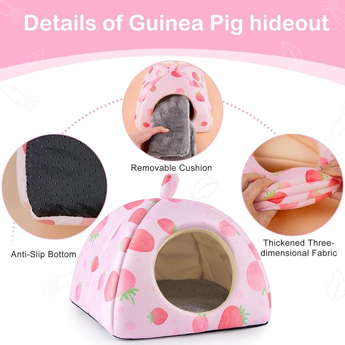 Bienbee Guinea Pig Hideout, Washable Rabbit Bed with Guinea Pig Tunnel, 2 Pack Guinea Pigs Toys Set Bunny Hideout Cage Accessories for Hamster Ferret Rabbits Bunny,Pink Strawberry