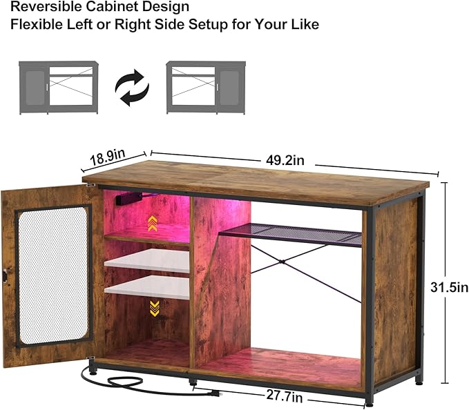55-75 Gallon Fish Tank Stand with Power Outlets & LED Light, Reversible Heavy Duty Metal Aquarium Stand with Cabinet for Fish Tank Accessories Storage, Turtle/Reptile Terrariums, Rustic