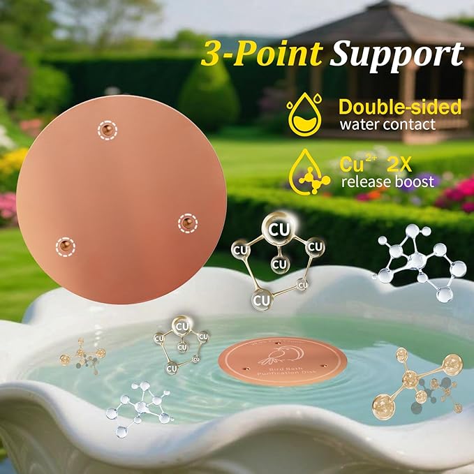 99.99% Pure Copper Bird Cleaning Disk, 0.6mm Reinforced, 3-Point Supported, Fits All Outdoor Bird Baths/Bowls, Year-Round Physical Water Purification